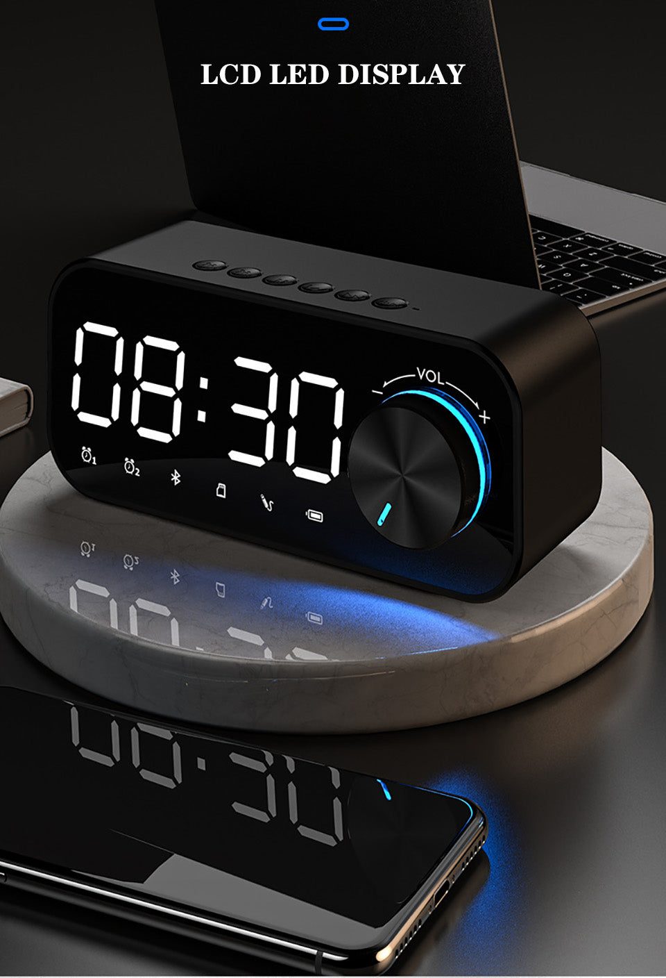 Reloj despertador Digital FM Radio inalámbrico Bluetooth espejo Negro